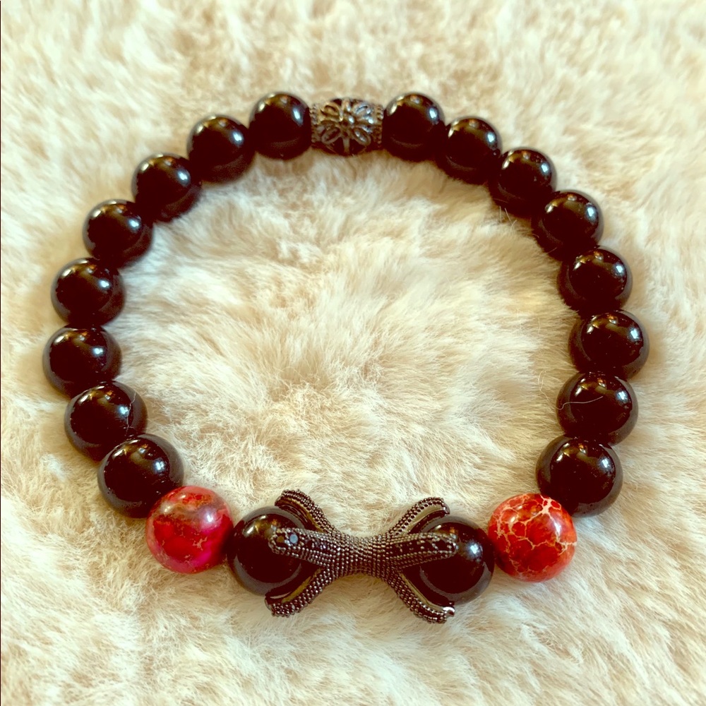 Men’s bead bracelet Blk/Red Pave dragon claw